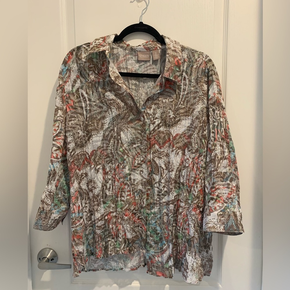 Chico’s Size 2 Button Down 3/4 Sleeve Paisley Print Shirt Business Casual